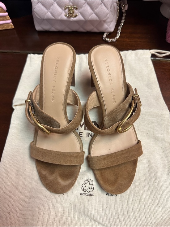 Veronica Beard Shoes - Veronica Beard Tan Suede Mule Sandals with Gold Buckle